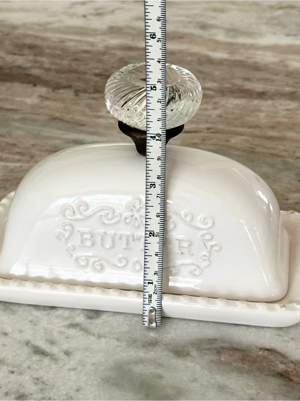 Pier 1 Farmhouse Style Hostess Dolomite White Ceramic Butter Dish Glass Knob